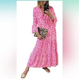 Boho Leopard Print Long Sleeve V Neck Casual Dress